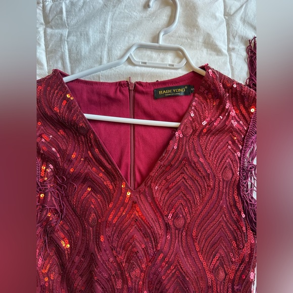 Vintage Great Gatsby Flapper Sequins Red Frill Dress - Picture 4 of 10